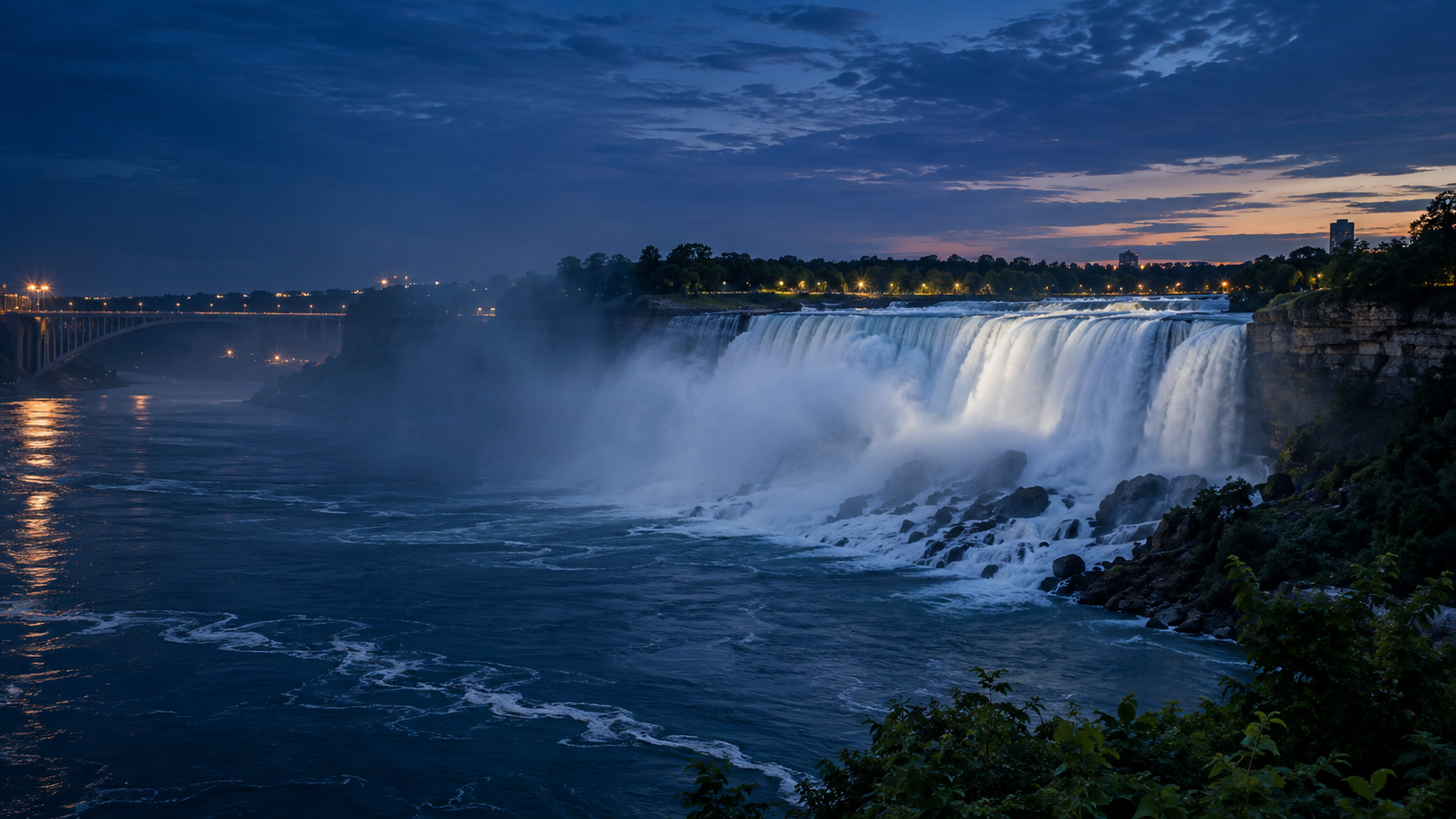 Editorial illustration of Niagara Falls at blue hour